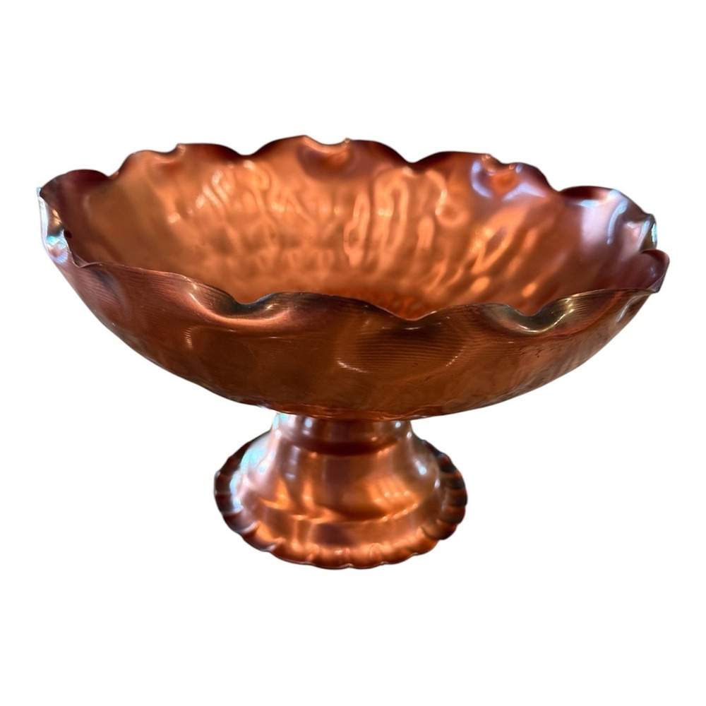 Gregorian VTG Copper Pedestal Bowl Scalloped Hammered Footed 10.5" Compote Dish